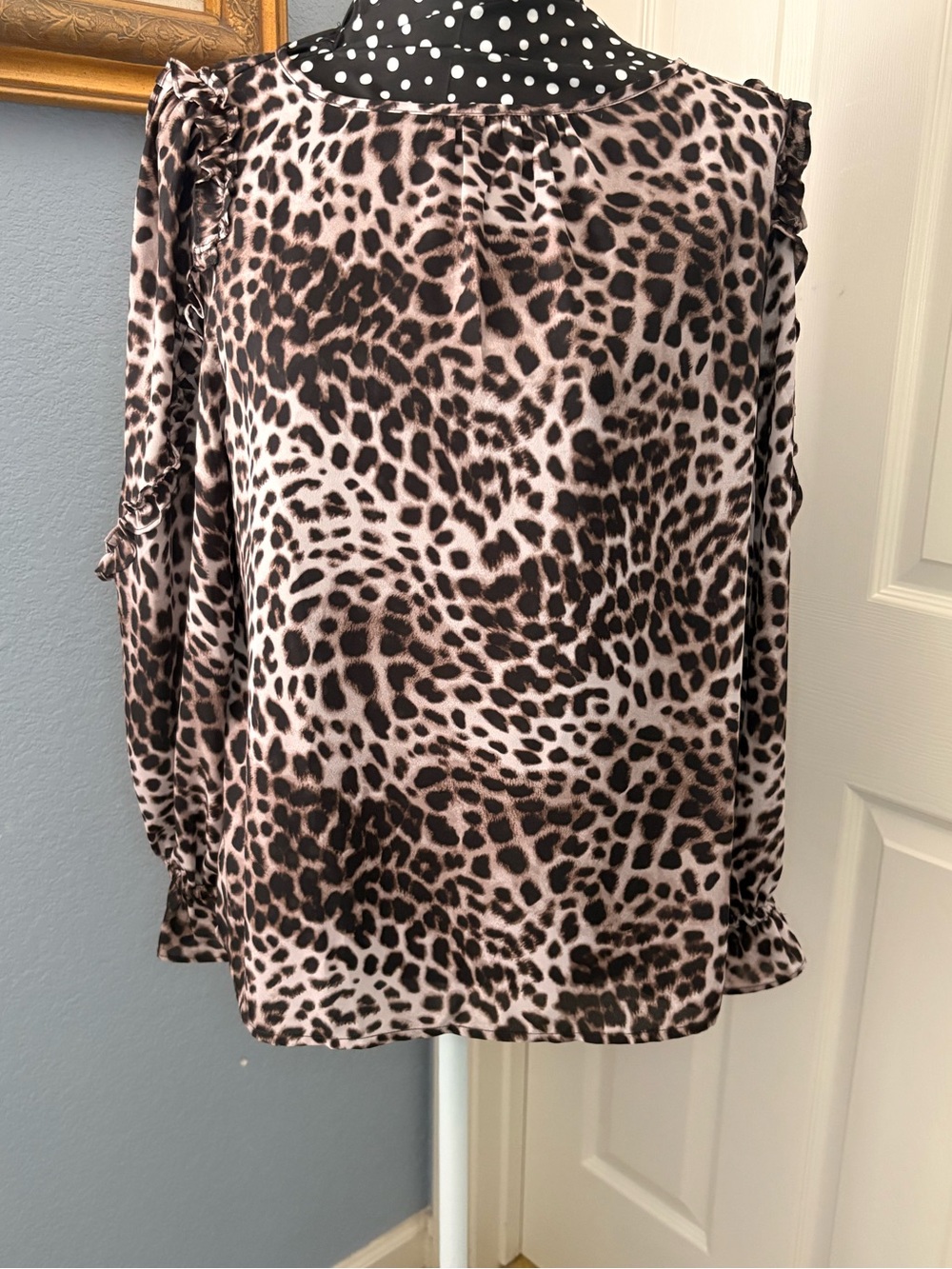 LOFT Cream and Brown Leopard Print Cold-Shoulder Blouse
